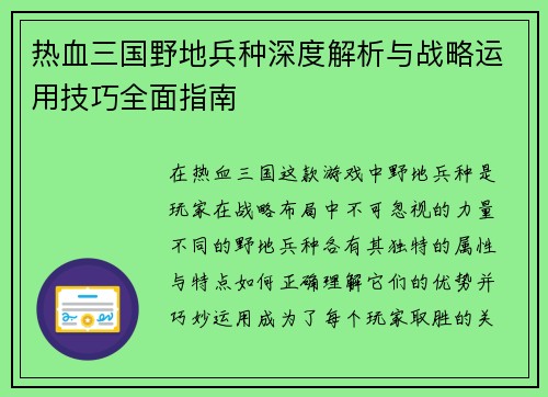 热血三国野地兵种深度解析与战略运用技巧全面指南
